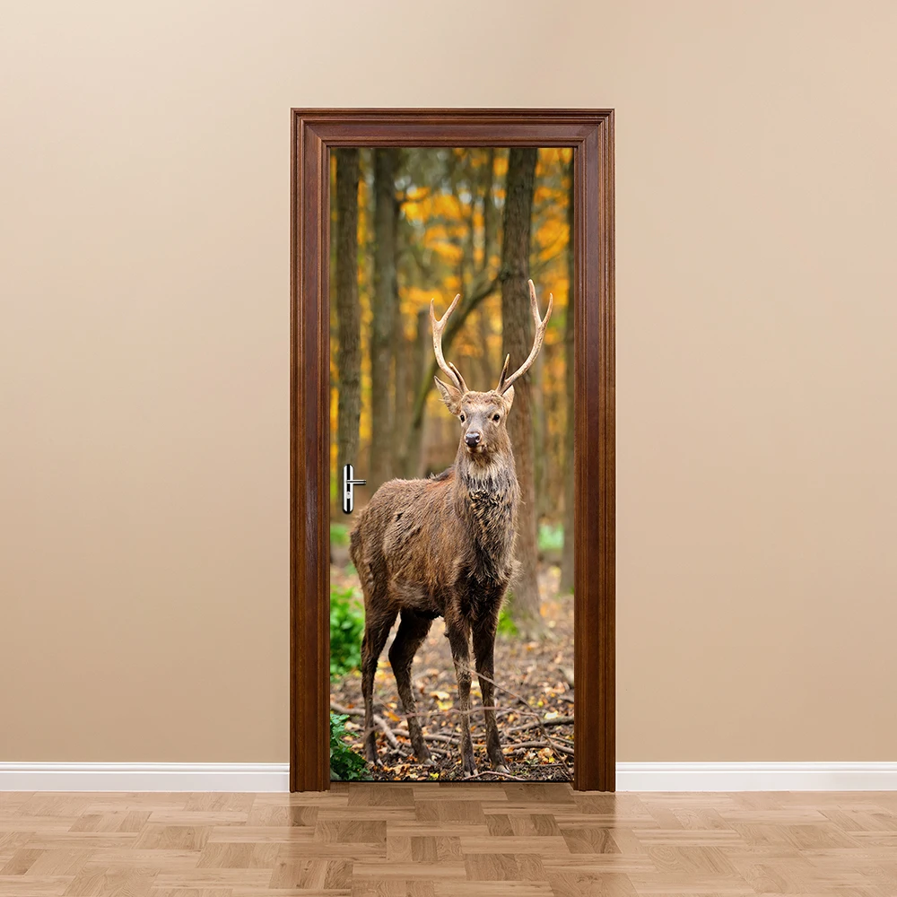 

DIY 3D Forest Deer Door Sticker Wallpaper Wall Stickers DIY Mural Bedroom Home Decor Poster PVC Waterproof Decal