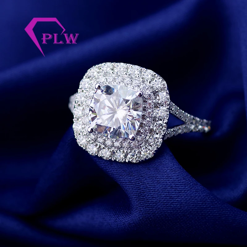 Классический стиль два halo 18k Белый цвет золото 3ct D Цвет ледяная Подушка moissanite
