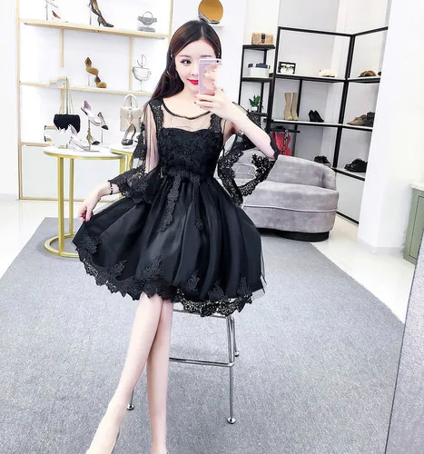black dress Korobov винтажное кружевное платье трапециевидной формы с цветочной аппликацией женское Сетчатое лоскутное тонкое летнее платье с круглым вырезом и расклешенными рукавами Vestidos 77548 - Цвет: black dress