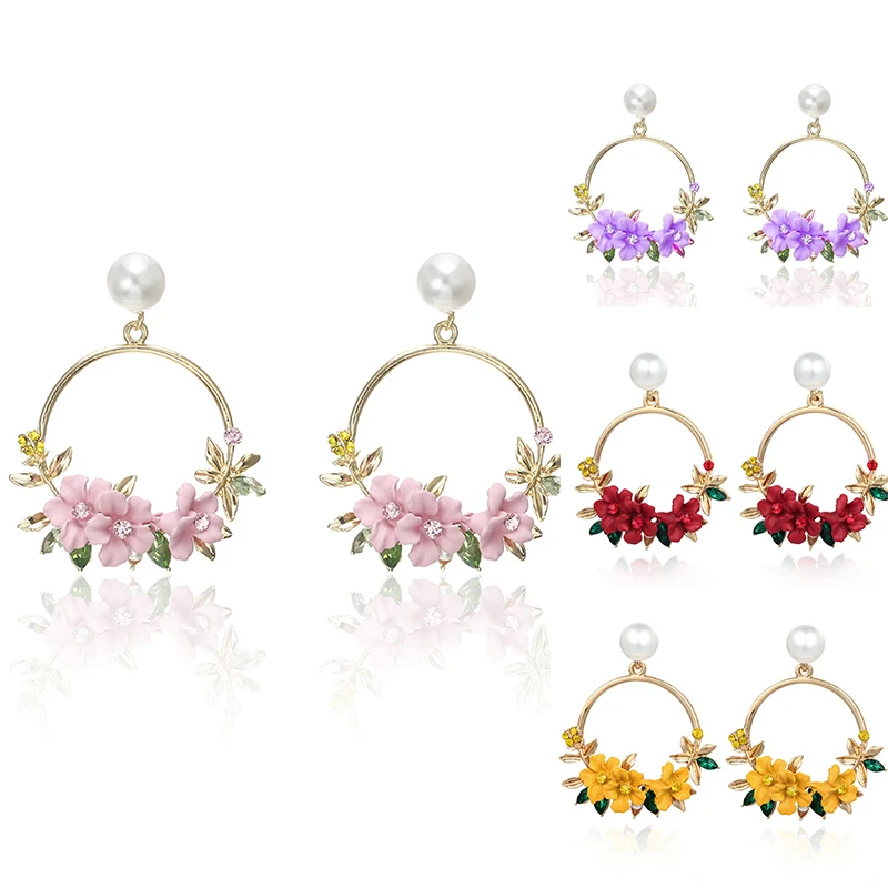 Romantic Korean Resin Summer large Flower Round Crystal Drop Earrings For Women Leaf Earring Za Pendant Boho Party Jewelry | Украшения и