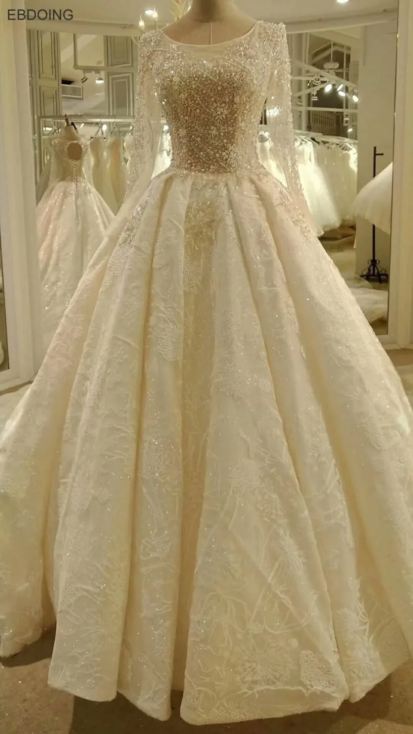 Real Photo Vestidos De Novia Ball Gown Wedding Dress Scoop Neckline Full Sleeve Chapel Train Lace UP Plus Size With Lace Beaded