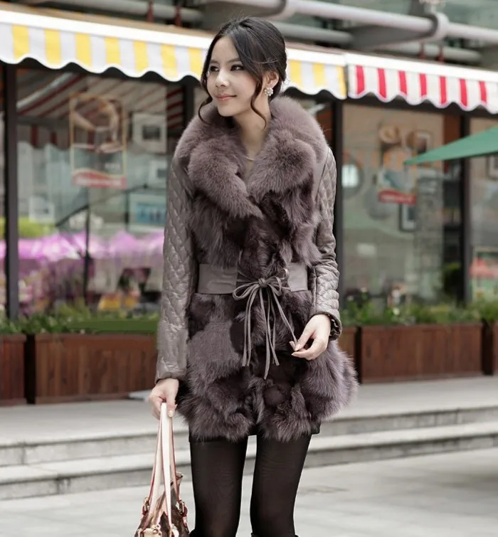 Khaki TopFurMall) Женская куртка из натуральной овчины с воротником из лисьего меха и подолом, зимнее женское меховое пальто, верхняя одежда vk0016 - Цвет: Khaki