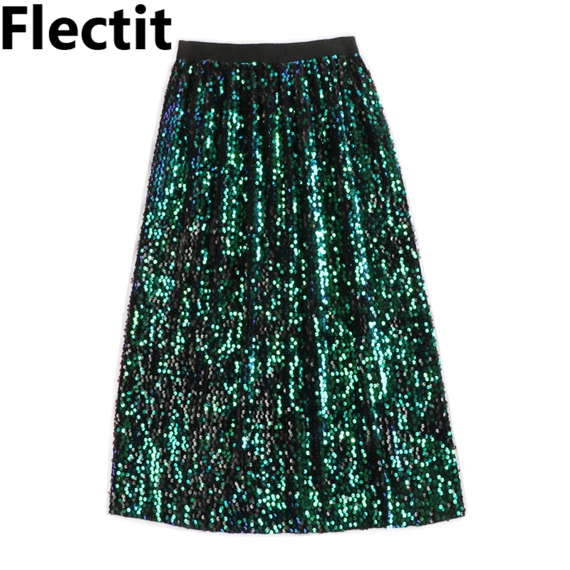 Женская юбочка с блестками Flectit темно зеленая иридиевая синяя высокой