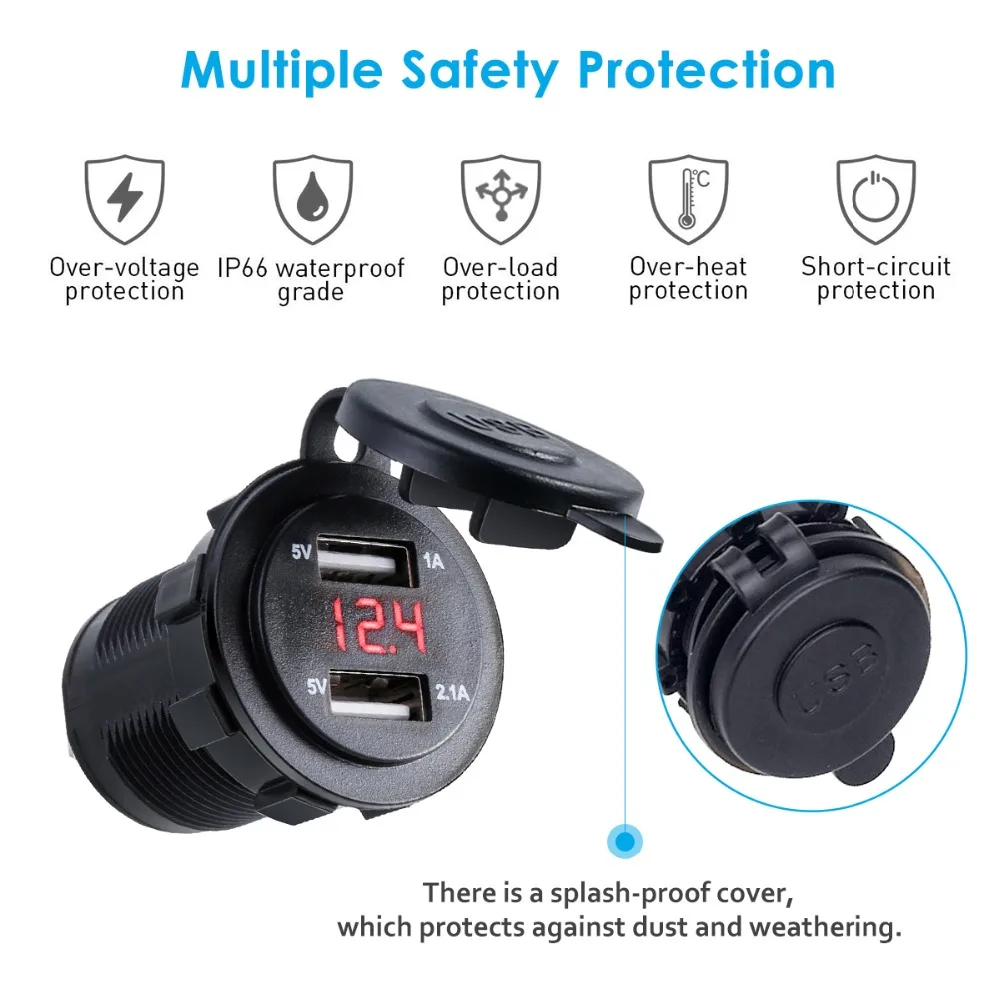 Powsro 12V-24V Dual USB Автомобильное зарядное устройство Автомобиль Мотоцикл