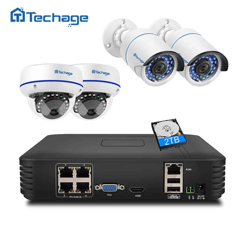 Techage 4CH 1080P HDMI POE NVR Комплект охранной системы видеонаблюдения 2MP IR-Cut Крытый Открытый CCTV купольная ip-камера P2P комплект видеонаблюдения