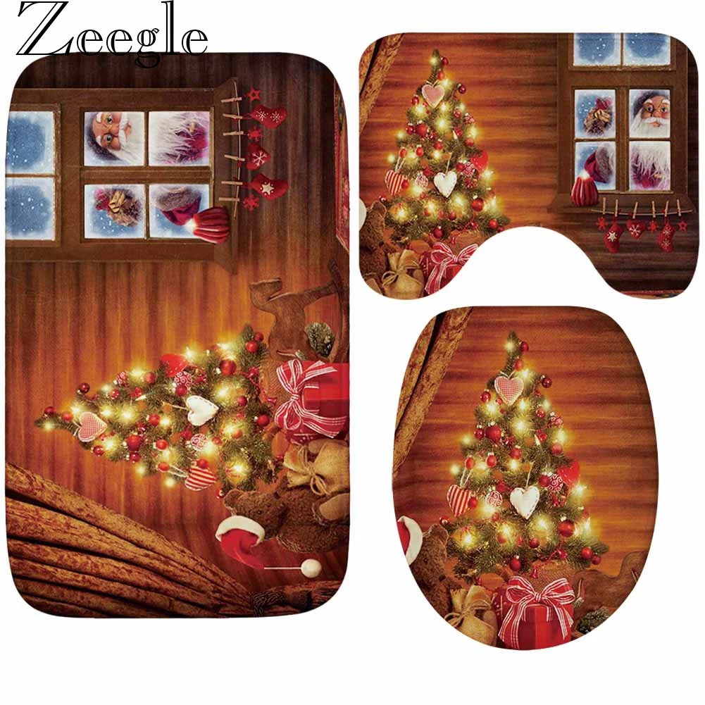 

Набор фланелевых ковриков Zeegle для ванной комнаты с рождественским принтом, моющийся декоративный коврик для душа, крышка для сидения унита...