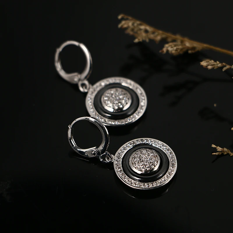 New Round Women Jewelry Set Shining Crystal Silver Metal Pendants Necklaces Black Ceramic Drop Earrings Vintage Fashion Jewelry