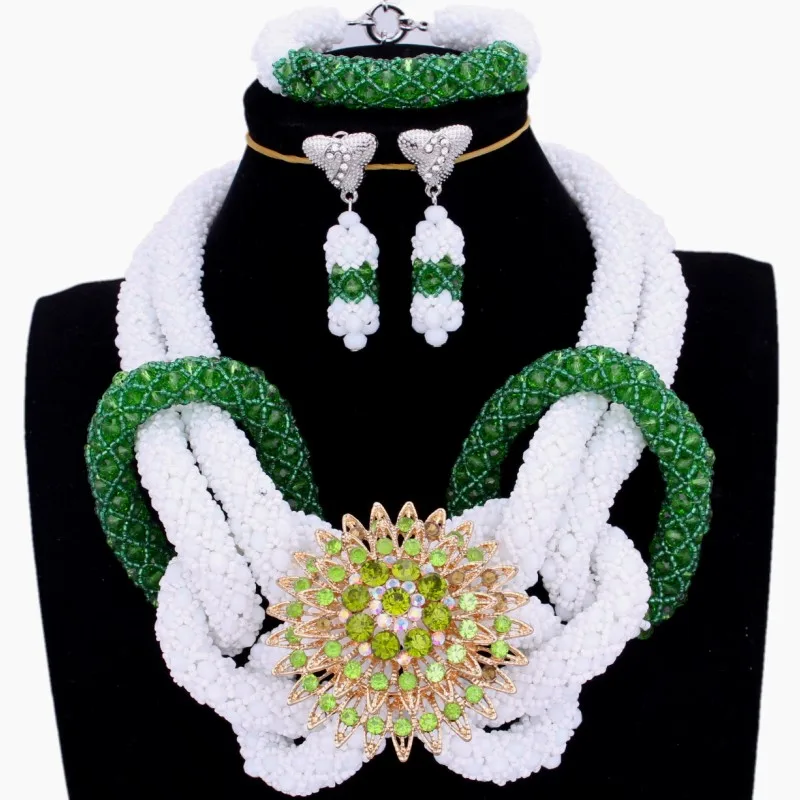 Necklace Set African beads Jewelry White Green Bridal Wedding jewelry Owl Animal Jewellery Nigerian Free Ship | Украшения и