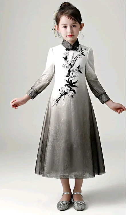 

Girls cheongsam dress autumn and winter Hanfu Tang suit new year wear thickening Chinese style ink dress