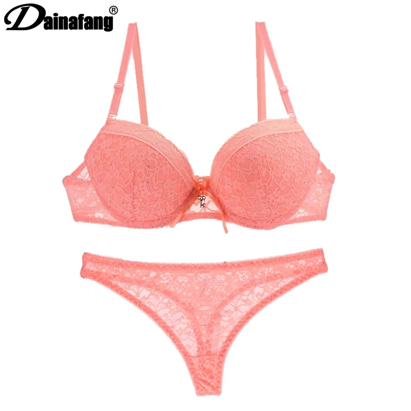 

DaiNaFang Brand Luxury French Sexy Gold Lace Bra Sets For Womens Push Up Lingerie Ladies ABC Cup Underwear Thong