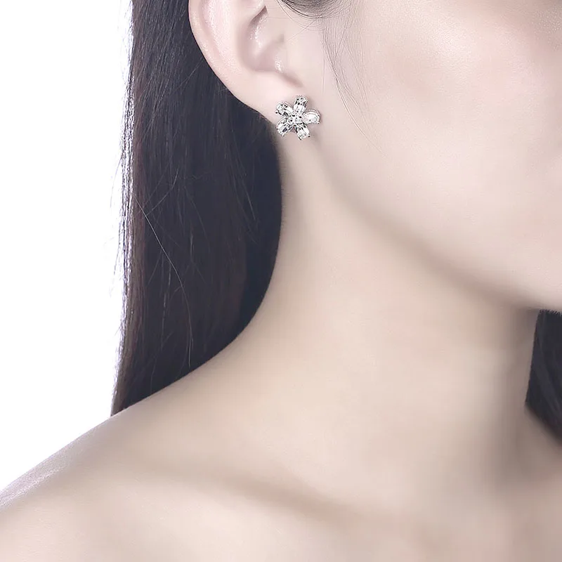 925 Silver Flower Stud Earrings Crystal From Swarovski Shining Ear Accessoires For Women Lovely Fine Jewlery Anniversary Party | Украшения
