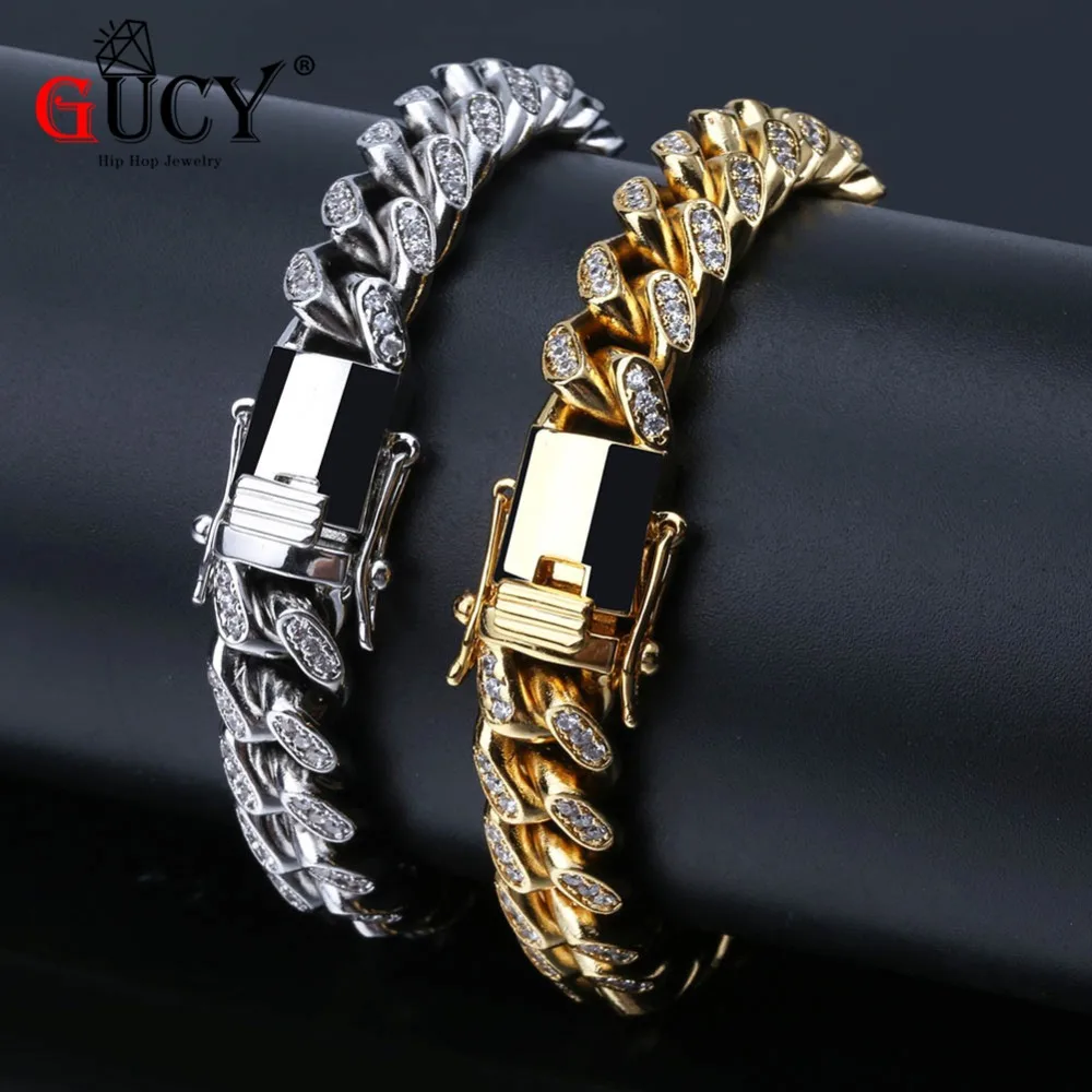 

GUCY Hip Hop Miami Cuban Chain Bracelet Micro Pave CZ Stones Bling Iced Out Charm Jewelry For Men