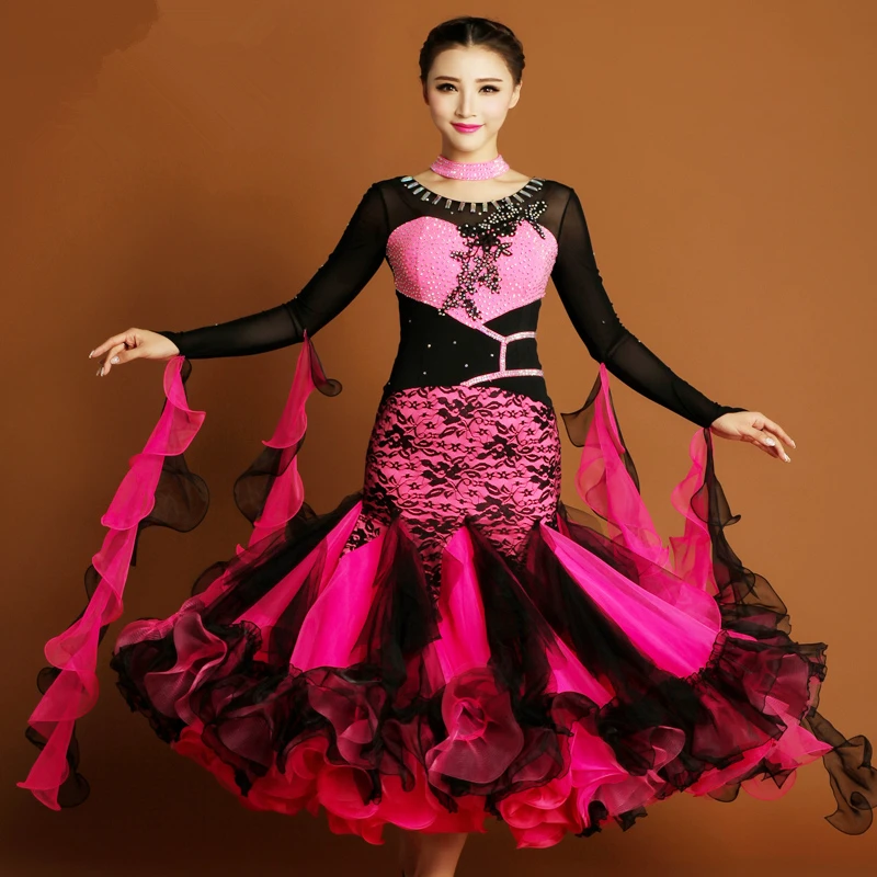 

Women Hit-Color Lace Splicing Big Swing Standard Ballroom Dance Long Dress,Tango/Waltz/Foxtrot/Modern Stage Competition Costume