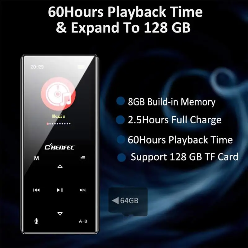MP3 Player Bluetooth 4.2 Zinc Alloy Touch Button Sports Music Player Built-in Speaker HiFi Sound with FM, Expand 128GB SD Card