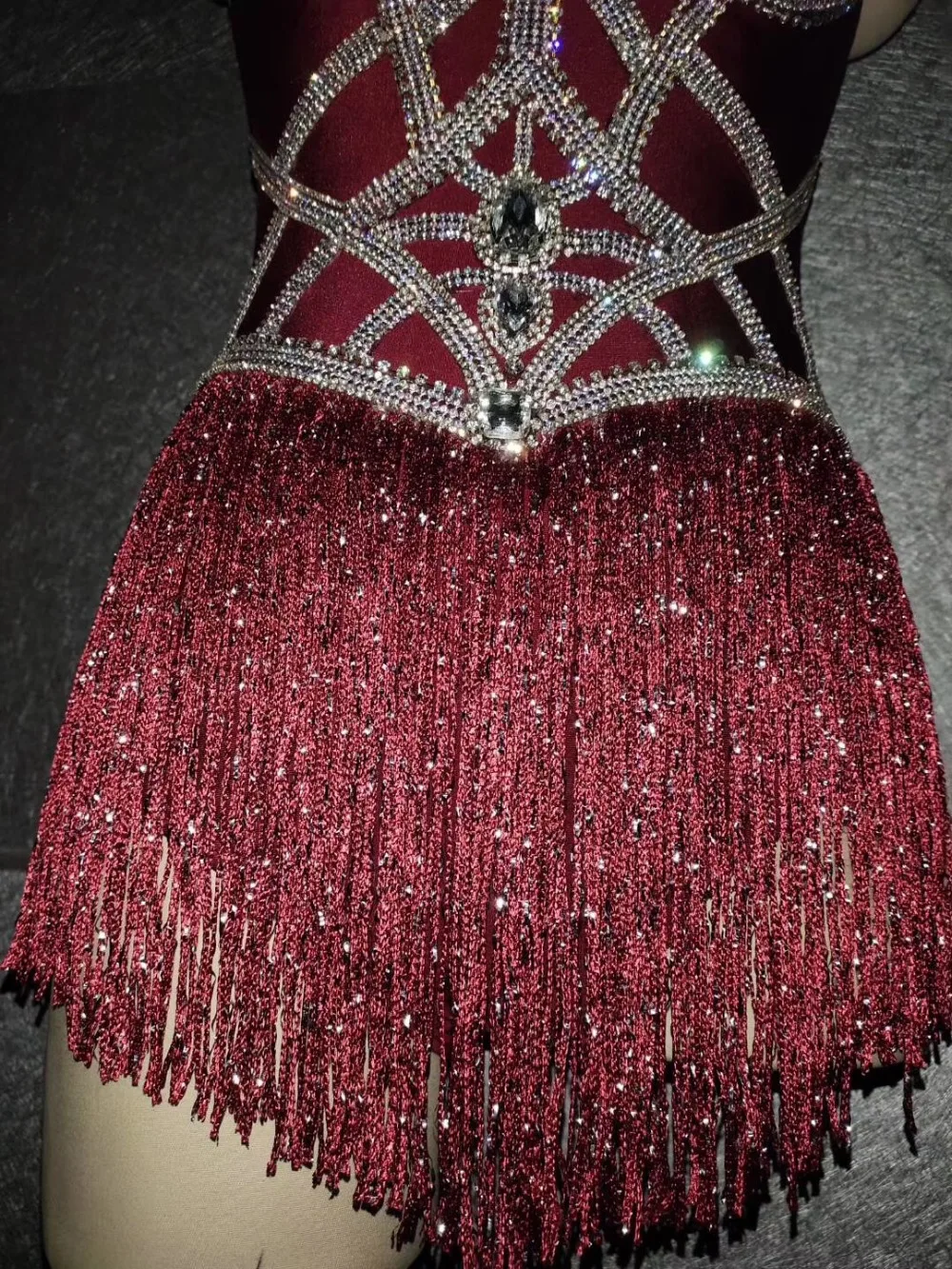 Sparkly Silver Rhinestones Red Tassel Bodysuit Women's Birthday Celebrate Dance Outfit Evening Party Female Singer Show Clothes