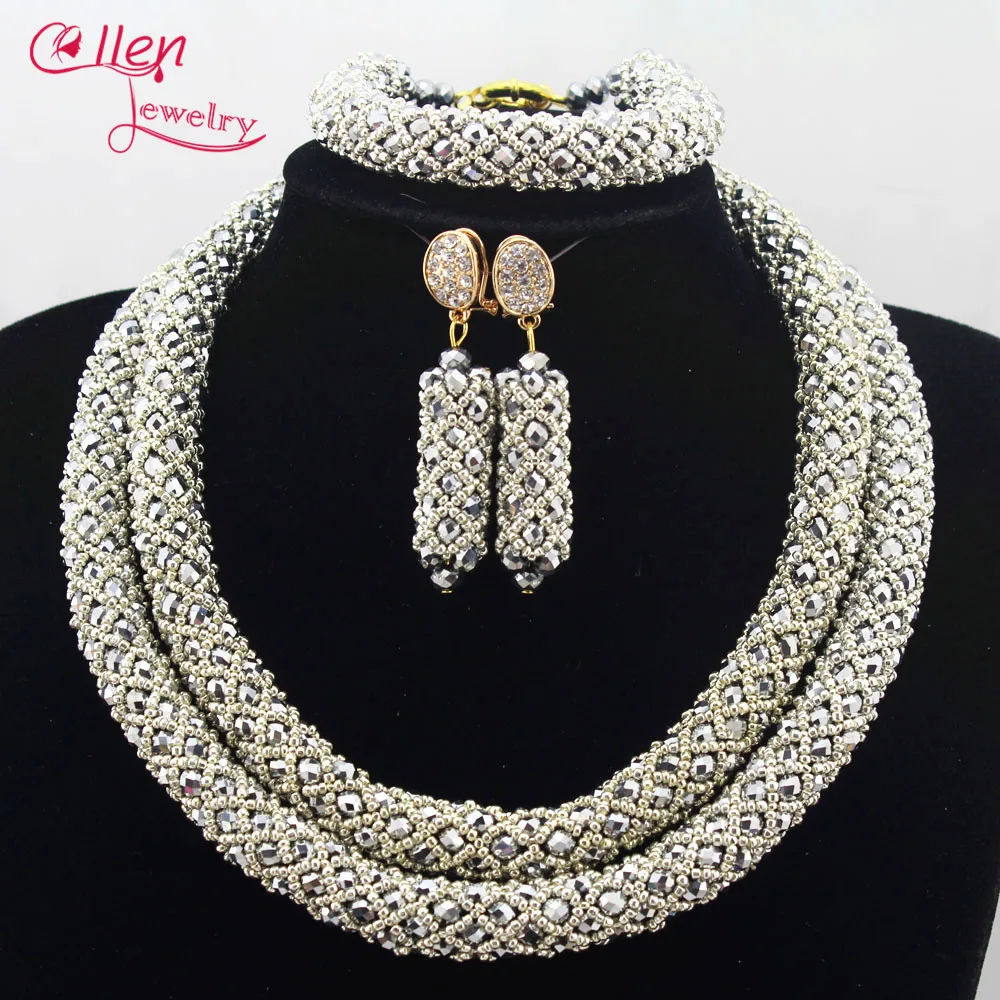 Crystal flower Nigerian Wedding African Beads Jewelry Set Handmade Indian Dubai Bridal Necklace Sets Bracelet Earrings N0028 | Украшения и