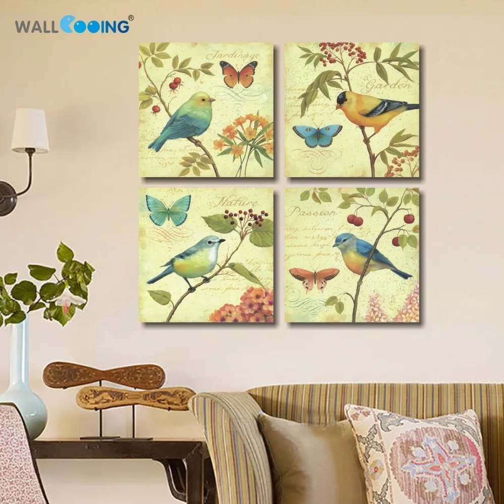Американский стиль винтажные искусственные цветы и птицы 4 картины желтый