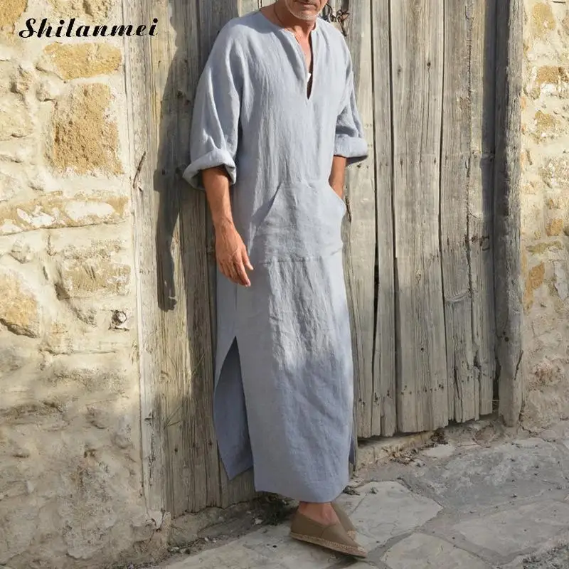 Мусульманская Мода Для мужчин исламский ткань Jubah Thobe одеяния кафтан карманы плюс Размеры одноцветное Арабская, Дубай короткий рукав платье из муслина