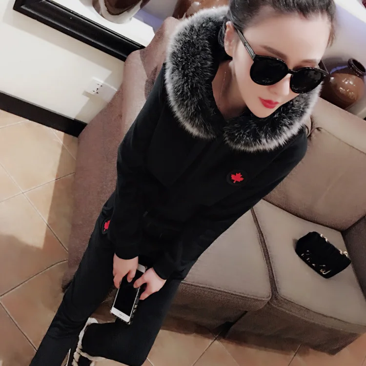 black S-3XL зима новые золотые бархатные женские наборы Модный меховой воротник с капюшоном свитер плюс бархат двухсекционный костюм женский QW19 - Цвет: black