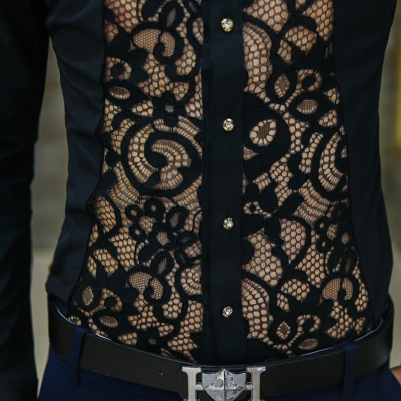 

2018 male fashion lace perspective long-sleeve shirt slim male gauze patchwork casual shirt The singer's clothing