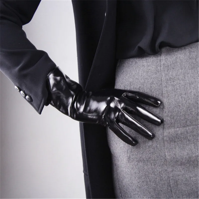 Patent leather black 28 см перчатки с сенсорным экраном средней и длинной секцией из искусственной лакированной кожи, яркие черные теплые кофейные коричневые перчатки WPU119 - Цвет: Patent leather black