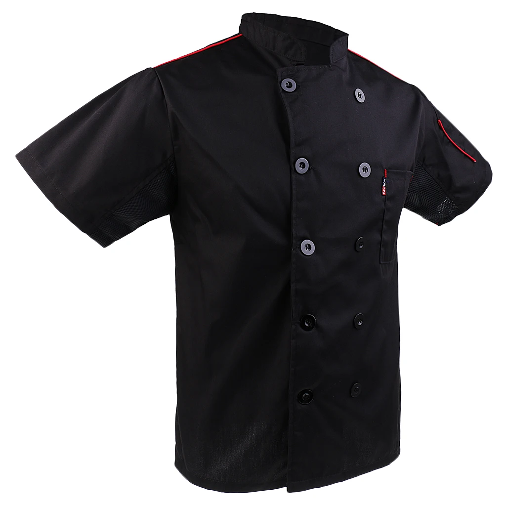 Black XL Повседневная унисекс Мягкая шеф-повара куртки короткий рукав косой воротник двубортный кухня Ресторан общественного питания Рабочая форма - Цвет: Black XL