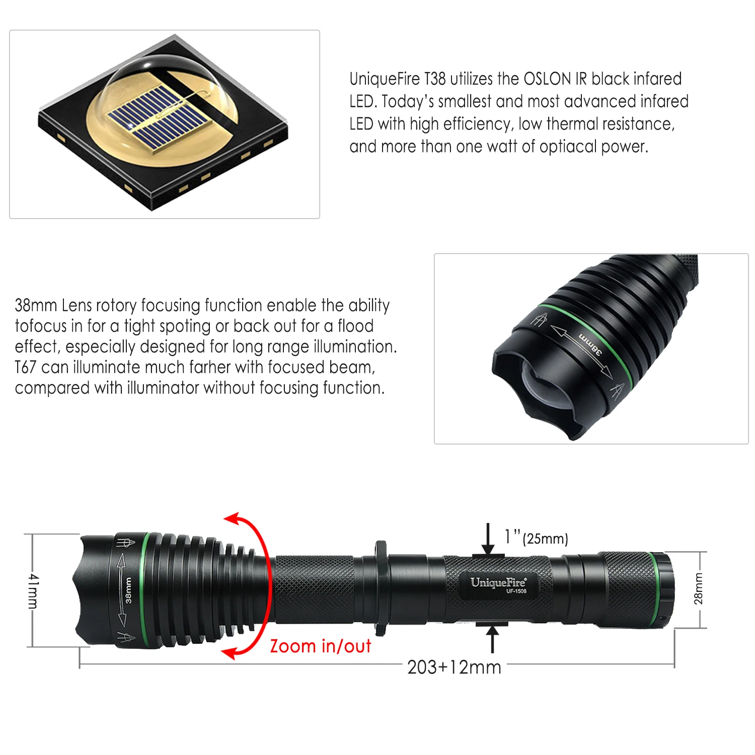 UniqueFire 1508 T38 IR 940nm 3 Вт инфракрасный светильник светодиодный вспышка Невидимый