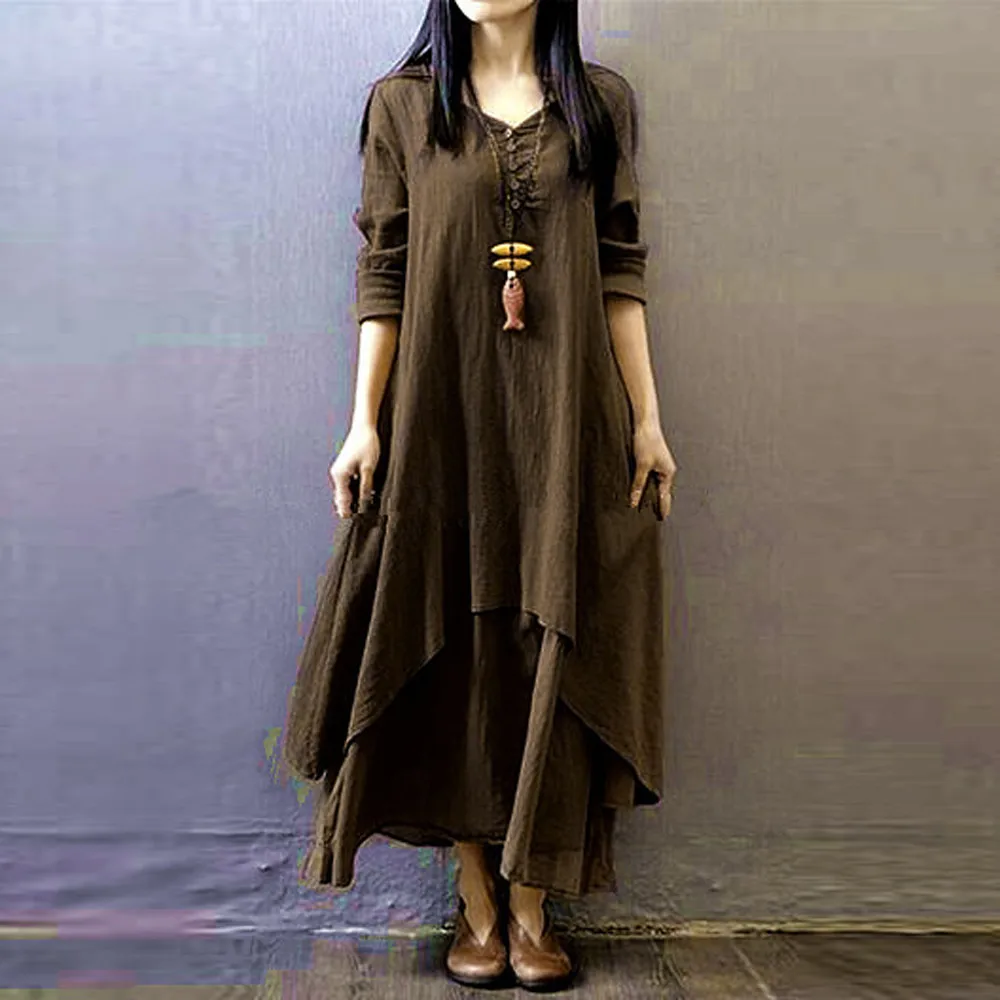 Модное женское крестьянское этническое богемное осеннее платье из хлопка и льна