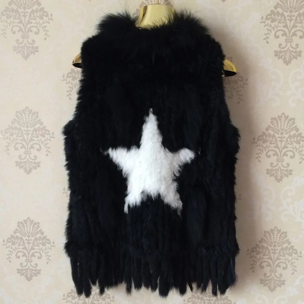 women real rabbit fur vest with raccoon collar 5 stars pattern winter female knitted waistcoat wholesale | Женская одежда