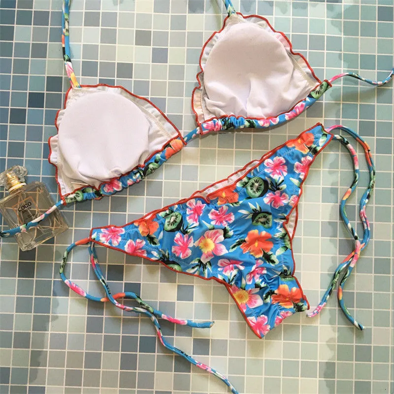 

Sexy Women Floral Printed Bandage Bikini Set New 2018 Push Up Padded Swimwear Lace-up Swimsuit Brazilian Low Waist Bathing Suit