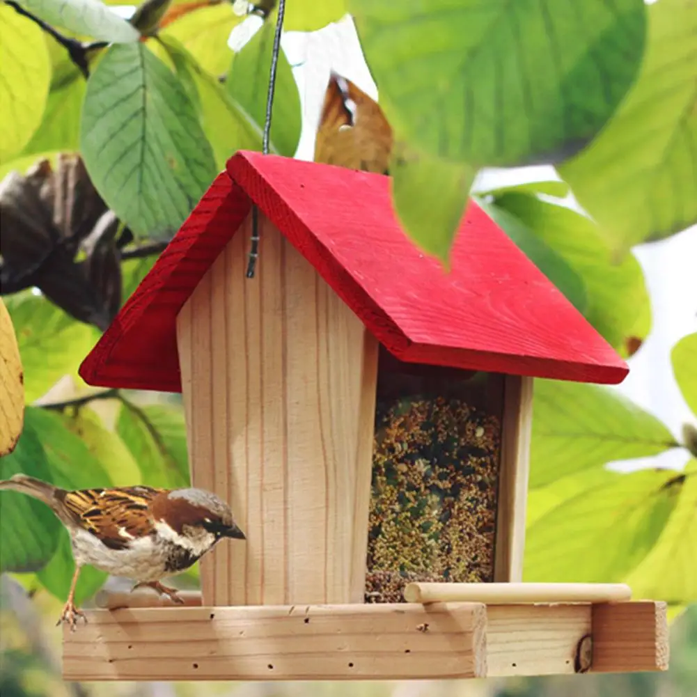 

Bird Feeder Wooden Hanging Bird Food Container Rainproof Balcony Villa Bird Food Box House Type Bird Feeder Garden Decoration