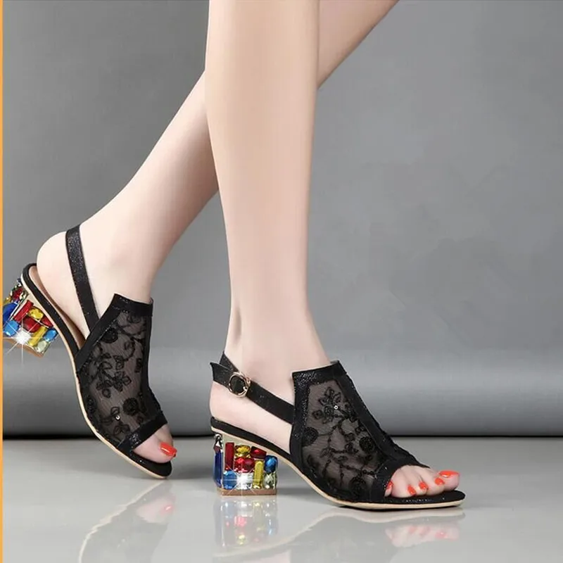 Women Sandals Block Heels Handmade Rhinestone 2019 Summer Slippers High Shoes For Plus Colorful 4255 | Обувь