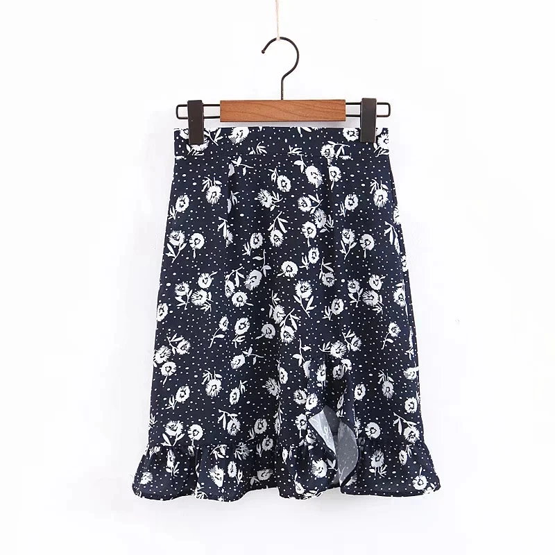 NavyBlue Летние шикарные юбки с цветочным принтом, Женская винтажная Корейская одежда в стиле бохо, элегантная юбка-трапеция с оборками, Женская юбка миди, уличная одежда - Цвет: NavyBlue