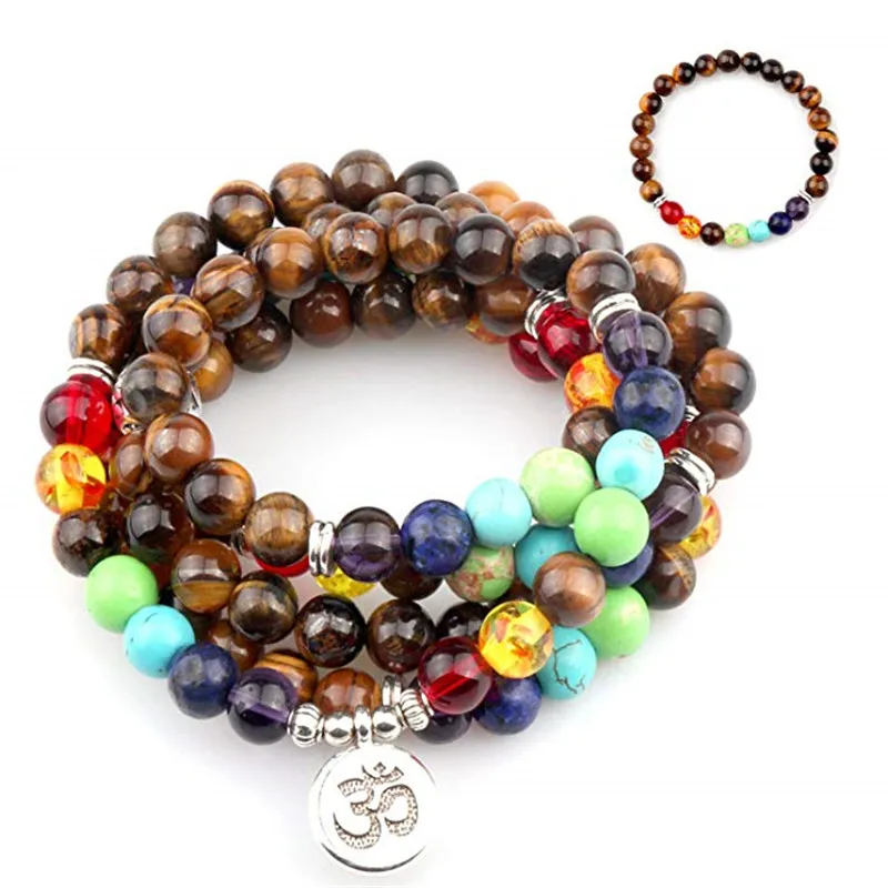 

Natural Gem Stone Tiger Eye 108 Beads Multilayer Wrap Bracelets 7 Chakra Healing Meditation Prayer Reiki Jewelry
