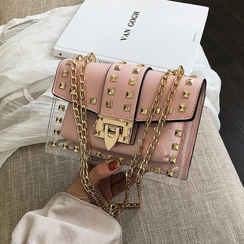 

2 Pcs/Sets New Rivet Shoulder Bag Fashion Wild Chain Messenger Bag PVC Transparent Jelly Small Square Bag Women Summer Handbag