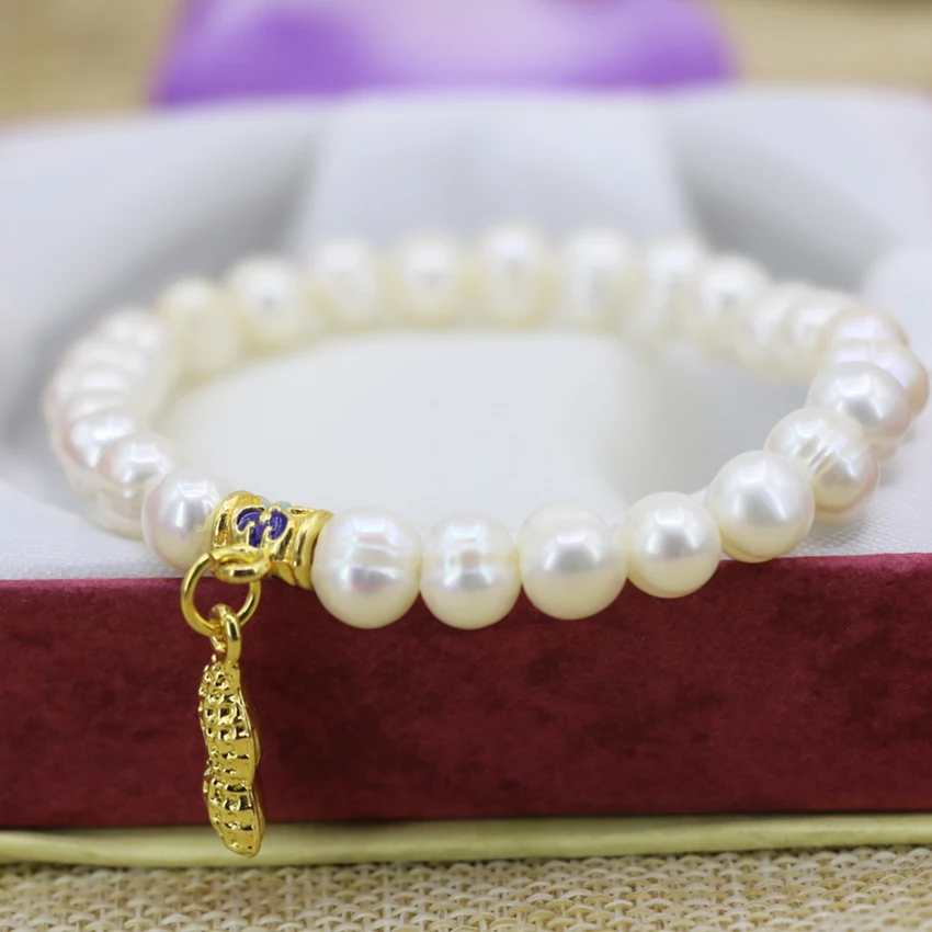 7-8 мм натуральный белый жемчуг круглые бусины браслеты Элегантный золотой цвет