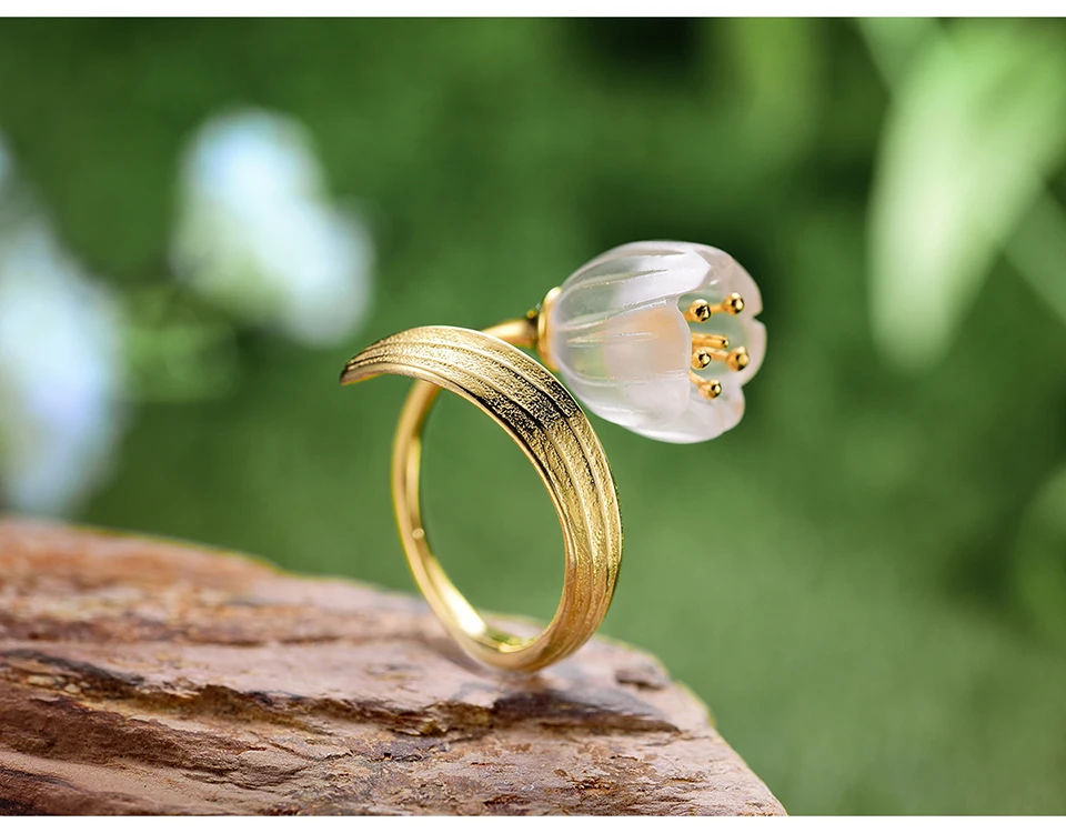 Lotus Fun, настоящее 925 пробы, Серебряное 18 К Золотое кольцо, натуральный кристалл, ручная работа, хорошее ювелирное изделие, цветок ландыша, кольца для женщин