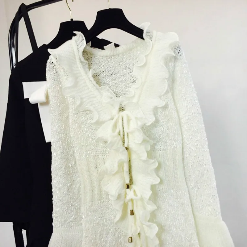 Sweet 3D Flowers ruffled Knitted Cardigan bow bright silk slim knit Hook sweater Pleated Lace Up Jacket Flare Sleeved Coat Tops |