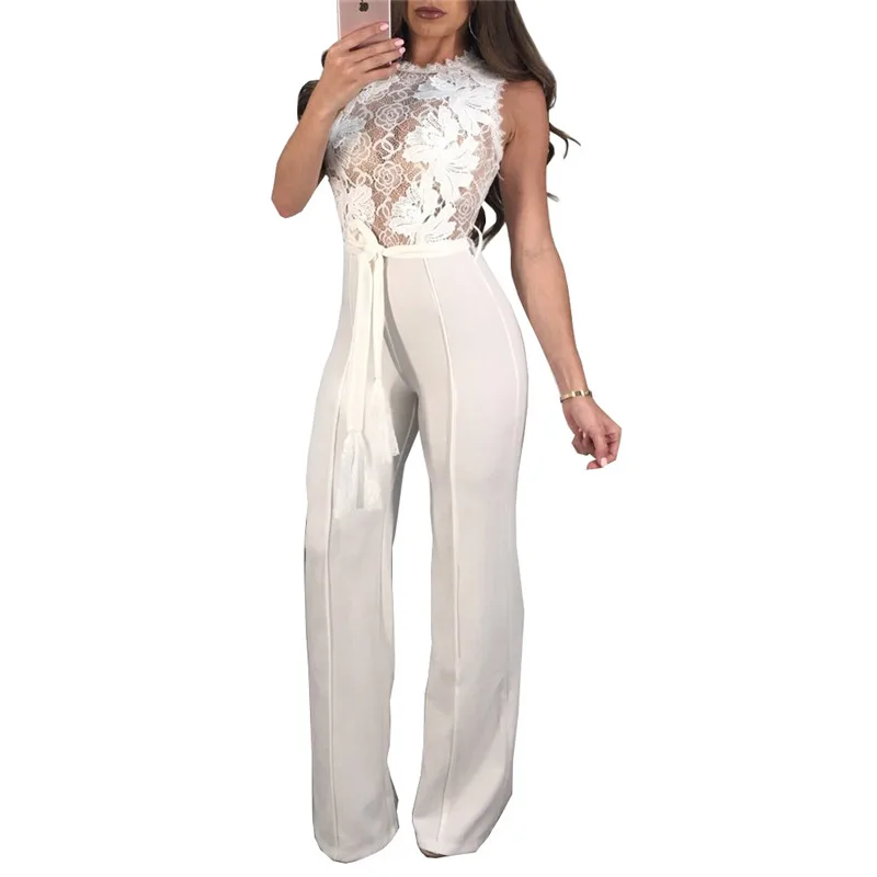 Adogirl Sexy Sheer Lace Applique Casual Jumpsuit Solid Black White Red Sleeveless Romper with Belt Women Wide Leg Pants Overalls
