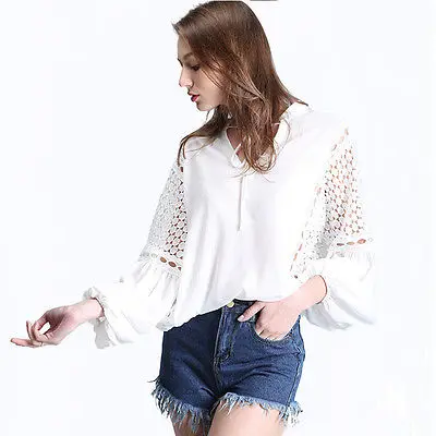 Fashion Women Blouse 2018 Summer Loose Casual Chiffon Shirt Hollow Out Long Sleeve Batwing Lace Tops Blouses | Женская одежда