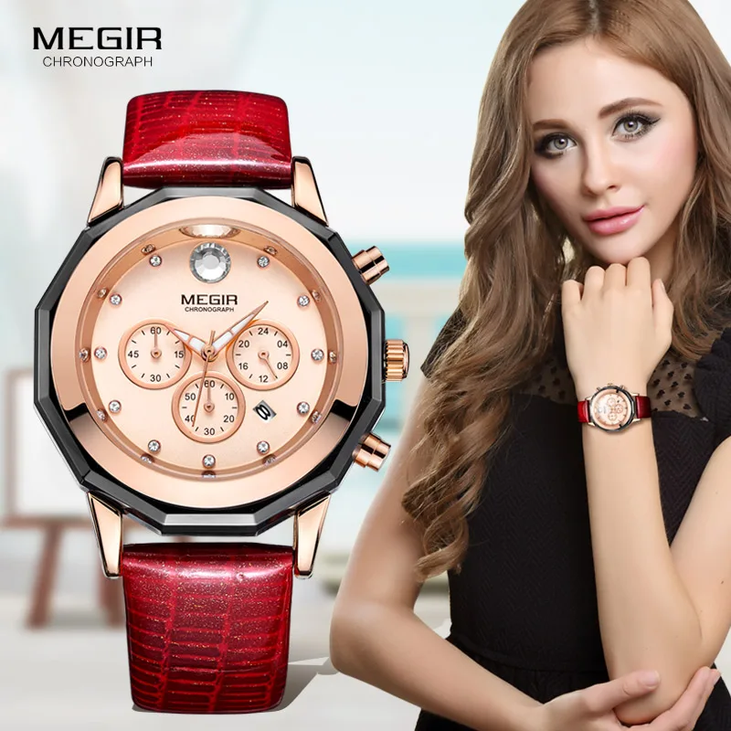 Женские кварцевые часы с хронографом Megir водонепроницаемые наручные красным