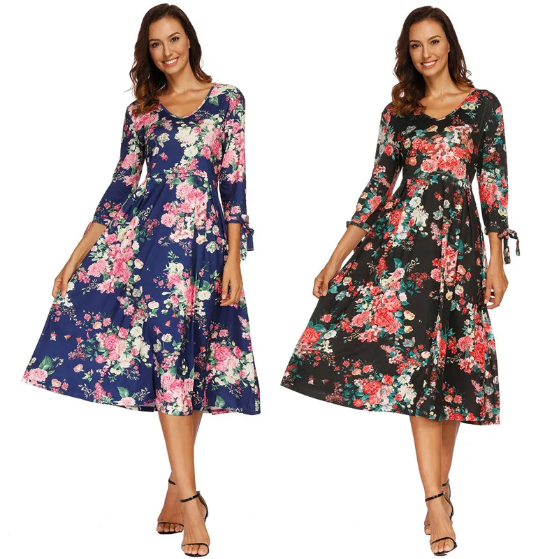 Autumn winter Seven-quarter sleeve Floral Print Boho Beach Dress Maxi Women Evening Party Sundress Vestidos de festa | Женская одежда