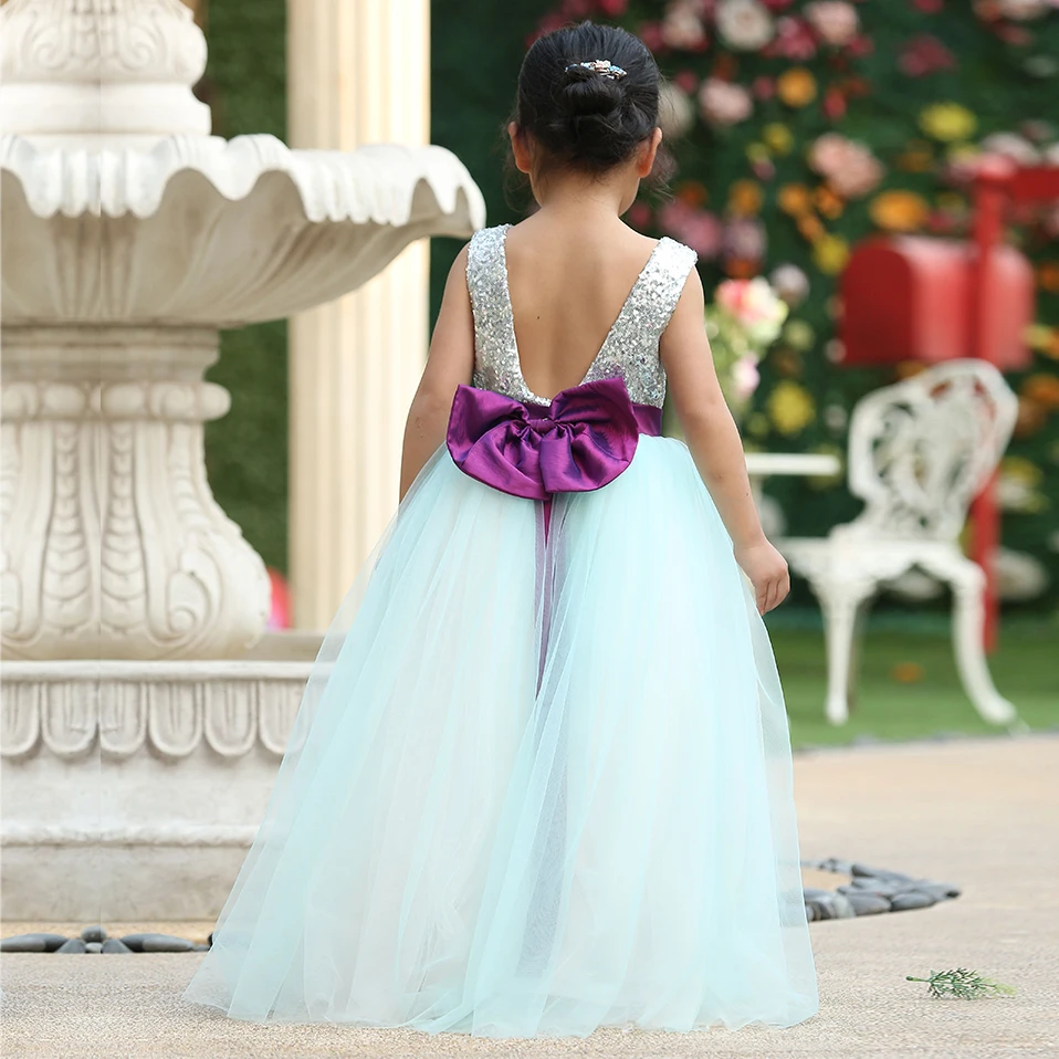 Cutestyles Летнее Длинное Платье для девочки серебряные блестки синее Тюлевое