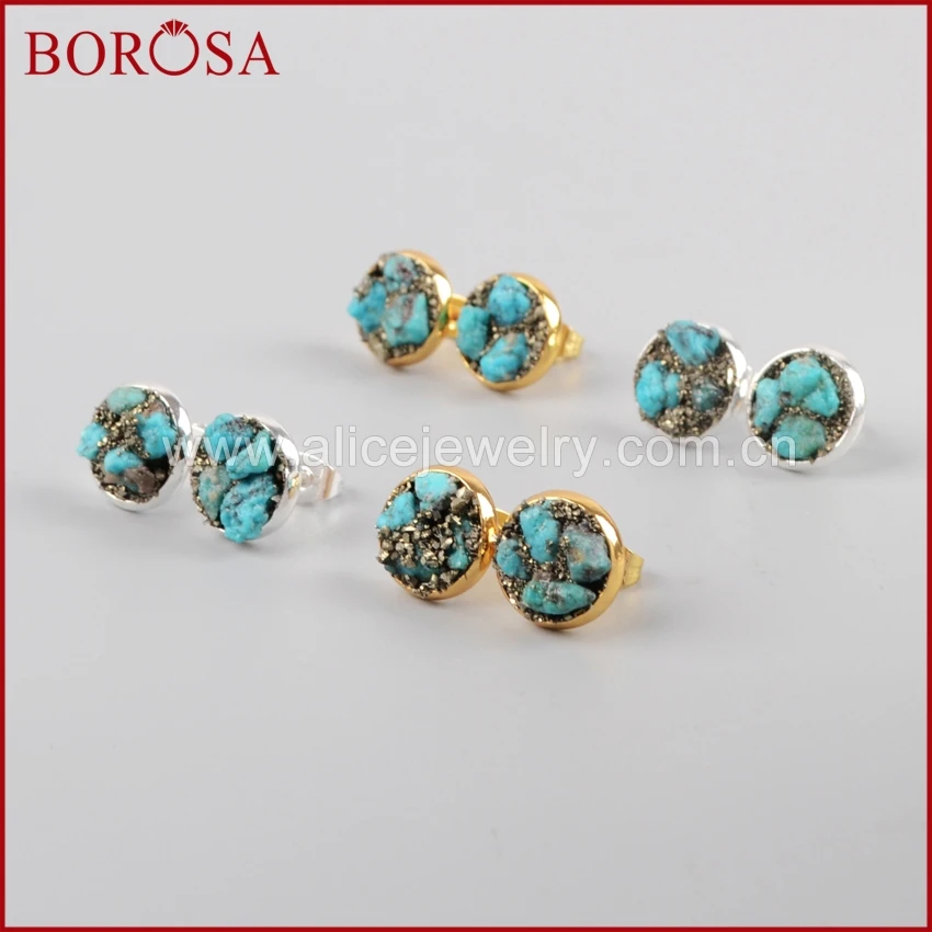 Круглые серьги BOROSA с натуральными камнями золотые/Серебристые гвоздики из