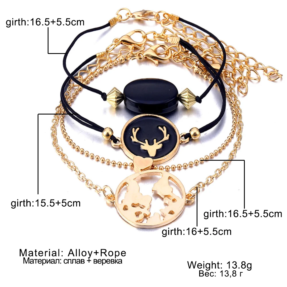 4 шт./компл. богемные винтажные браслеты с головой оленя черная цепочка из бисера