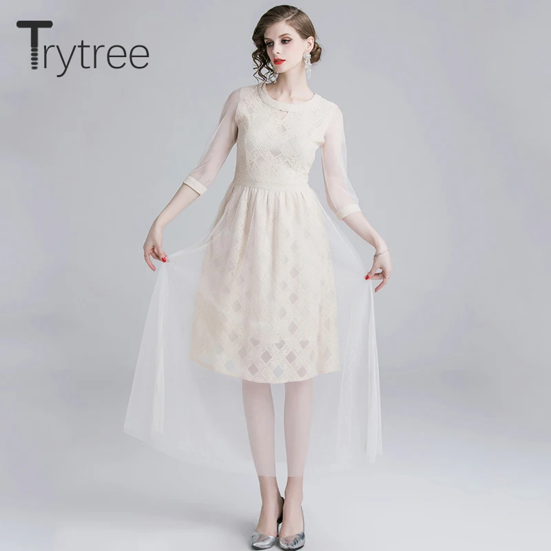 Trytree летнее осеннее платье с вырезом круглым в сетку геометрическим рисунком