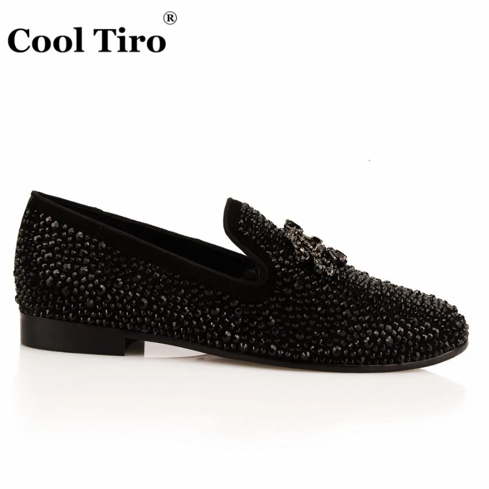 COOL TIRO Black Strass Men Loafers Crystals Tassel Dress Shoes Wedding Party Flat Moccasins Smoking Slippers Casual Formal | Обувь