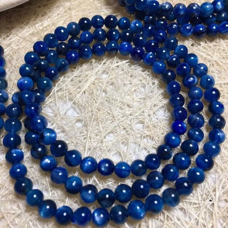 

5.1-5.4mm Natural Blue Kyanite Cat Eye Crystal Beads Stretch Bracelet AAA