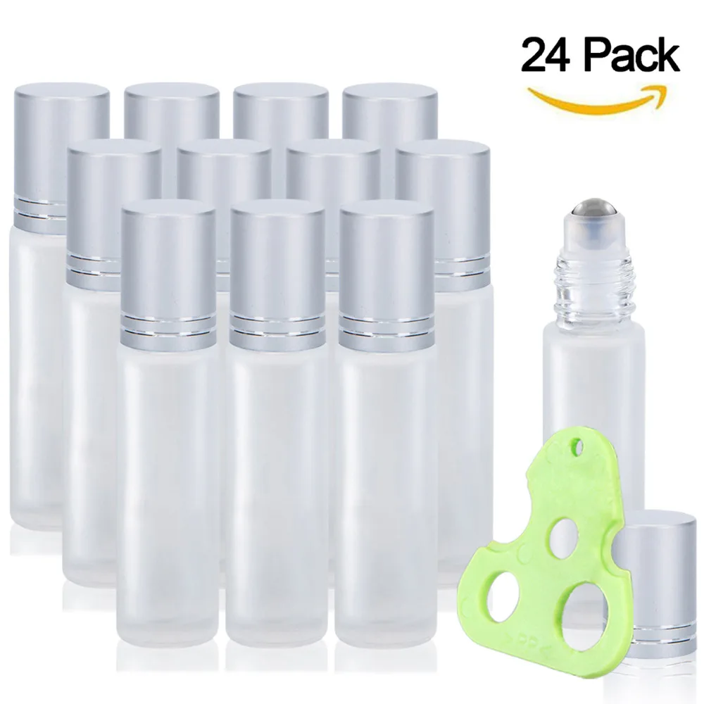 10ml Roller Bottles for Essential Oils 24 Pack Frosted Glass Roll on with Metal Balls Key Tool | Красота и здоровье