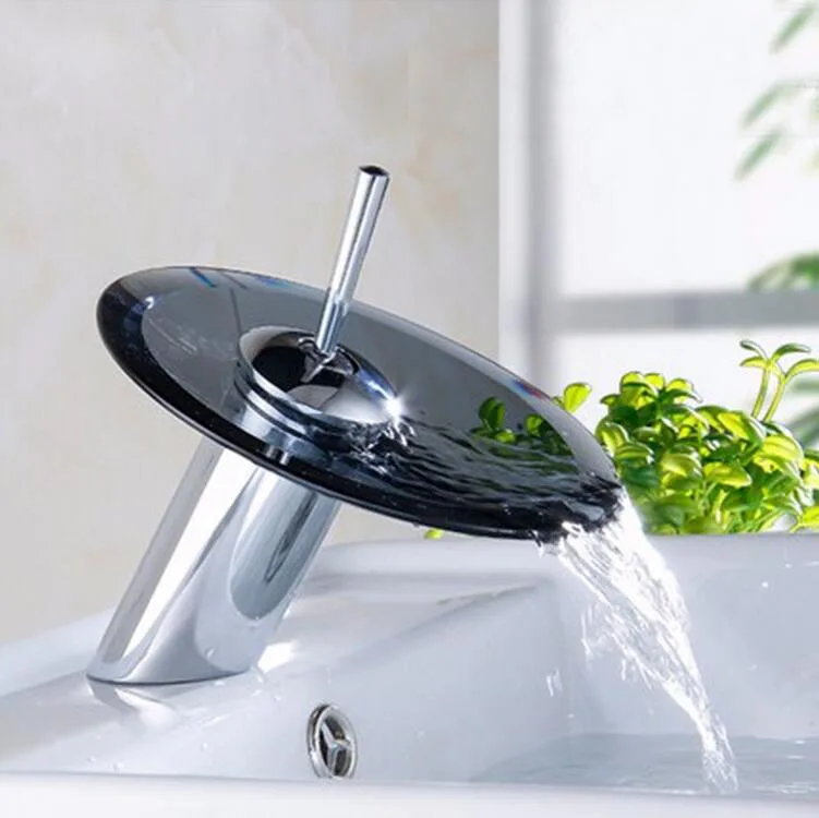 

fashion high quality brass chrome finished bathroom single hole hot and cold sink waterfall faucet glass faucet